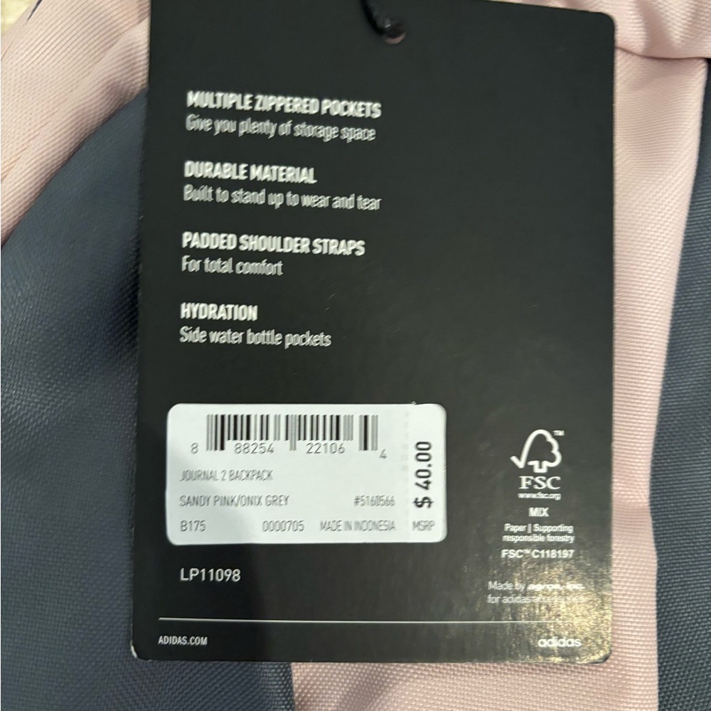 NWT Adidas Journal 2 Backpack 17'‎ Sandy Pink and Onix Grey - Picture 2 of 6